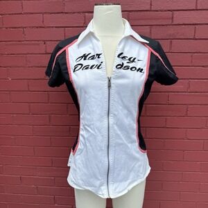 Vtg Harley Davidson Garage Shirt Womens‎ Small Pink Zip Up Embroidered Spellout